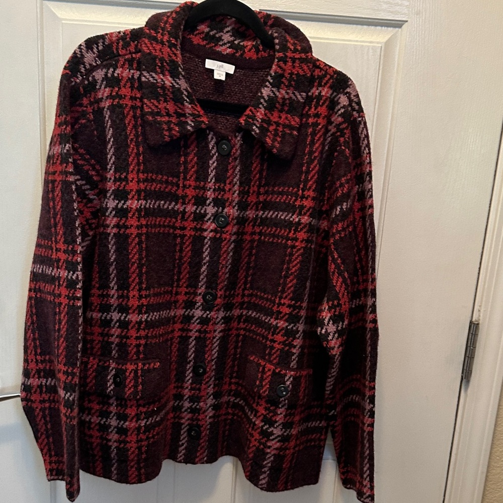 J. Jill Burgundy Red Black Plaid Knit Wool Blend Button Sweater Jacket Size 2X